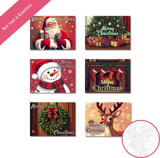 6 cartes de Noël : Père Noël, sapin de Noël, bonhomme de neige, cheminée avec bas, couronne de Noël, renne. Textes 'Merry Christmas'.