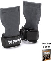 Grijze Thor Athletics grips voor krachttraining met zwarte banden, gepresenteerd met een bijgevoegd E-book.