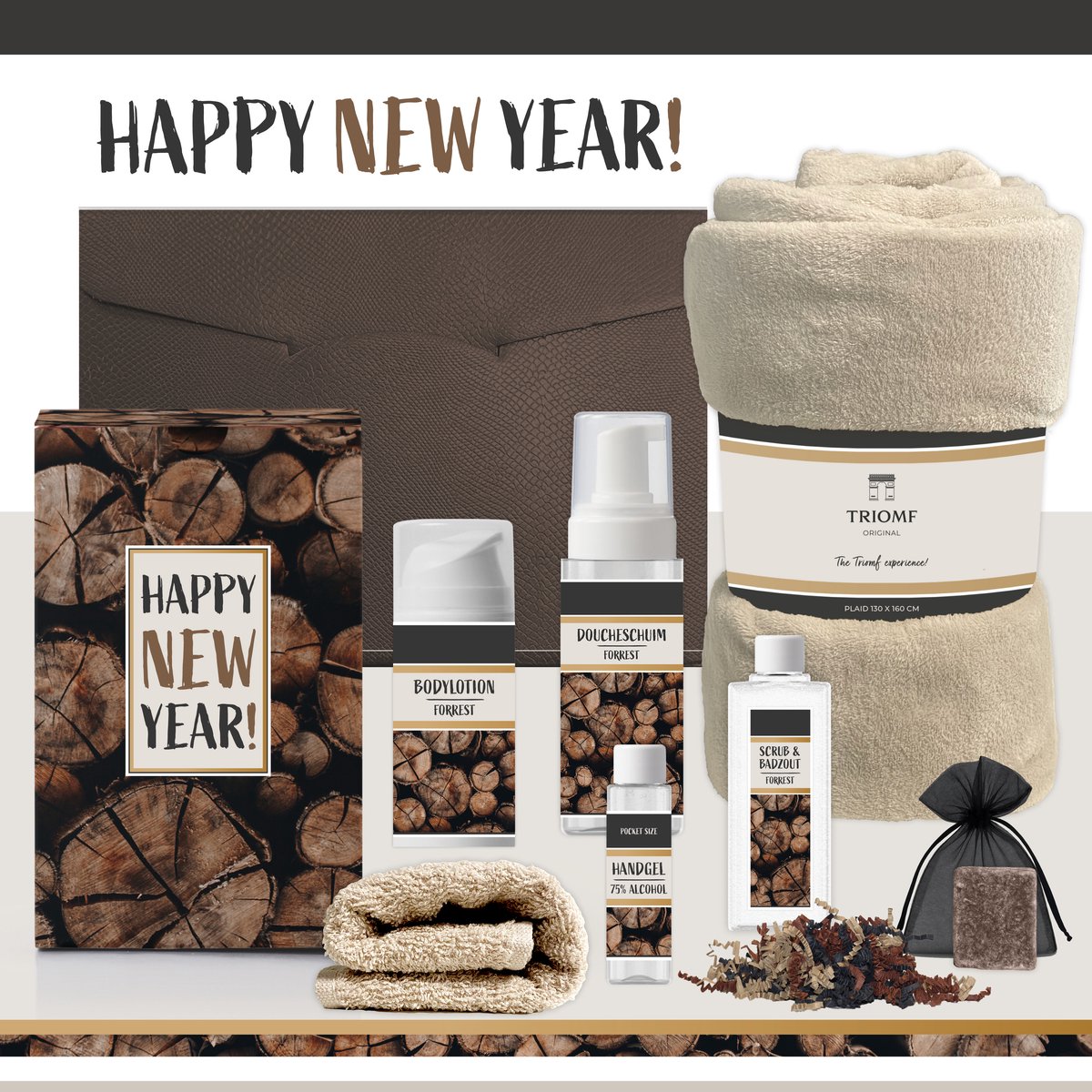 Geschenkset "Happy New Year" - 7 Producten - 1400 gram - Triomf Cosmetica | Luxe wellness Giftset Cadeau Gelukkig Nieuwjaar Eindejaarsgeschenk Man Vrouw Pakket Jaarwisseling Oud Nieuw 2027 Beste Wensen Forrest Stoer Gift Set Boomstam Zwart Bruin