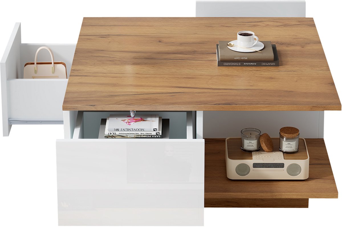 MODFU Salontafel 70x70x31.5 cm van spaanplaat, wit en houtkleur, met 3 lades en hoogglans afwerking, modern Wit+Walnoot