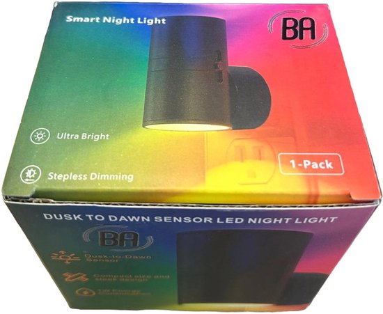 Doos van een slim nachtlampje met de tekst 'Smart Night Light' en een afbeelding van het product. Beschikt over "Ultra Bright" en "Stepless Dimming".