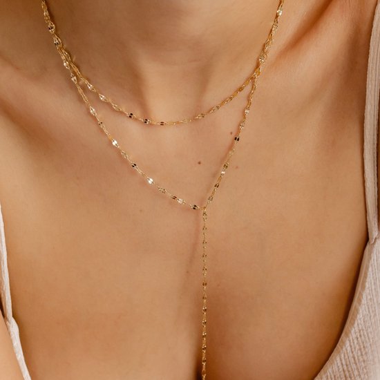 Collier Hey Happiness à maillons plats superposés en forme de Y pour femme, en acier inoxydable plaqué or 18 carats – Longueur ajustable de 41 à 46 cm + pendentif en Y de 10,5 cm – Or