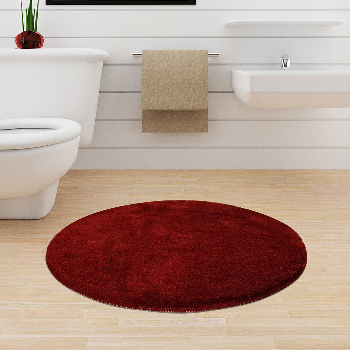 Bosdela badkamermatten, wasbaar, zacht en comfortabel – toiletmat + badmat – ideaal voor badkamer en toilet, metØ90 cm Rood