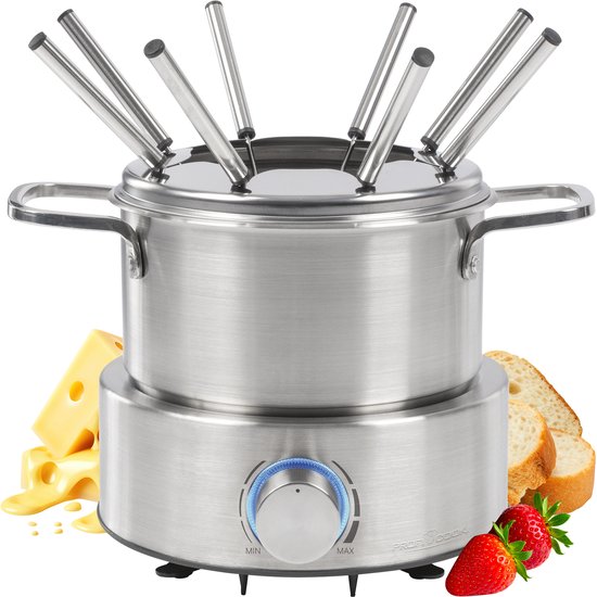 RVS fonduepan met 8 fonduevorken op een zilverkleurige verwarmingsbasis, met kaas, brood en aardbeien.