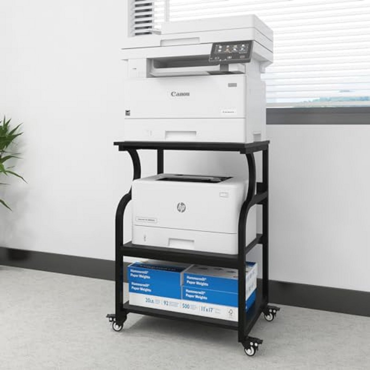 Hoogte Verstelbare Printertafel met 3 Verdieningen - Mobiele Drukwagen voor Grote Printers, Zwart