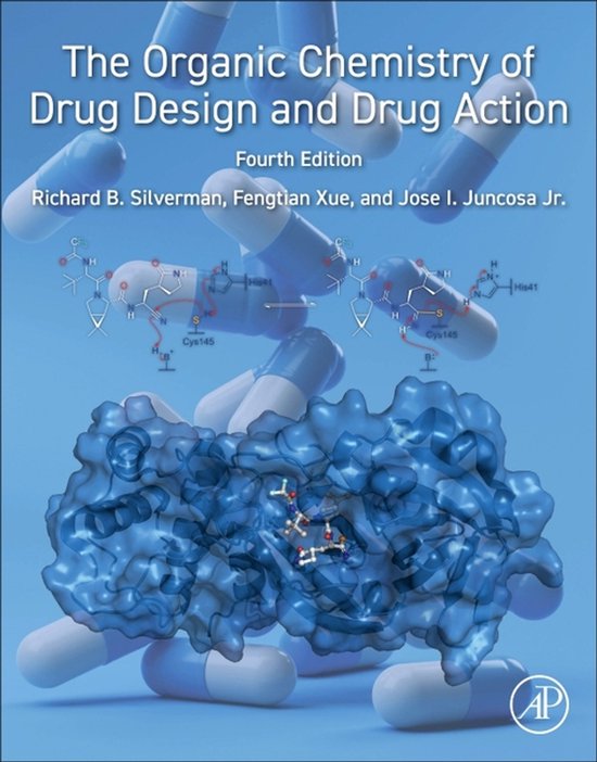 Livre : The Organic Chemistry of Drug Design and Drug Action, quatrième édition, avec des structures moléculaires bleues et des capsules.