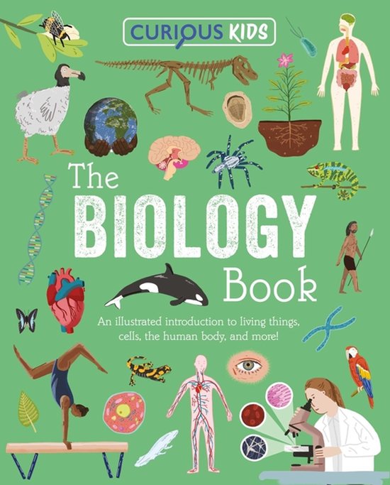 De kaft van 'The Biology Book' met illustraties van o.a. een dinosaurus skelet, het menselijk lichaam, een orka en een handstand kind.