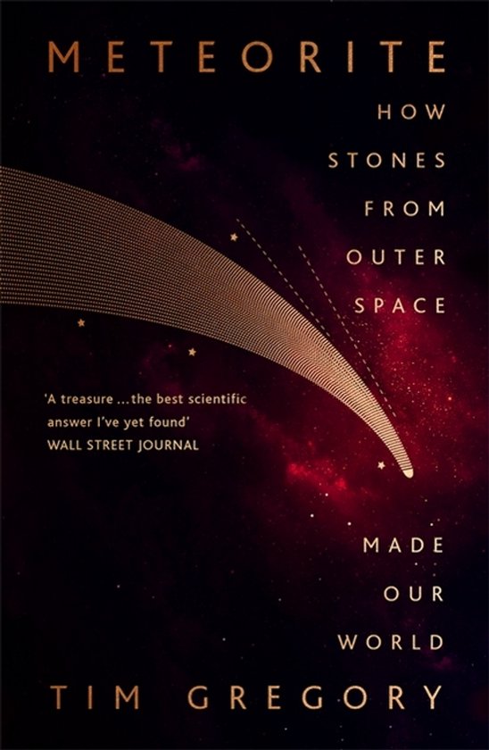 Boek METEORITE: HOW STONES FROM OUTER SPACE MADE OUR WORLD door Tim Gregory. Gouden komeet op donkere ruimte achtergrond met tekst.