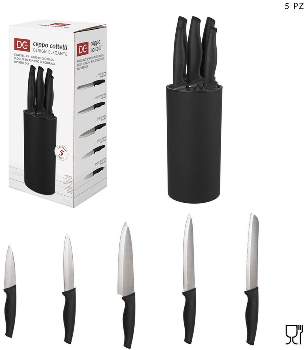 DC Casa Messenset 5-delig - RVS keukenmessen set met messenblok - zwart