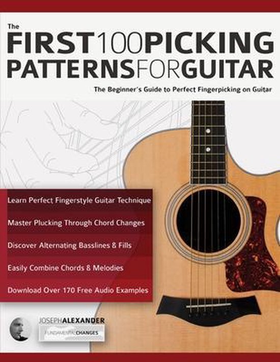 Boek 'The First 100 Picking Patterns for Guitar' met een gitaar op de achtergrond.