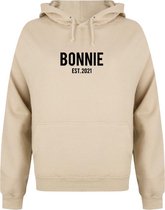 BONNIE & CLYDE couple hoodies beige (BONNIE - maat XL) | Gepersonaliseerd met datum | Matching hoodies | Koppel hoodies