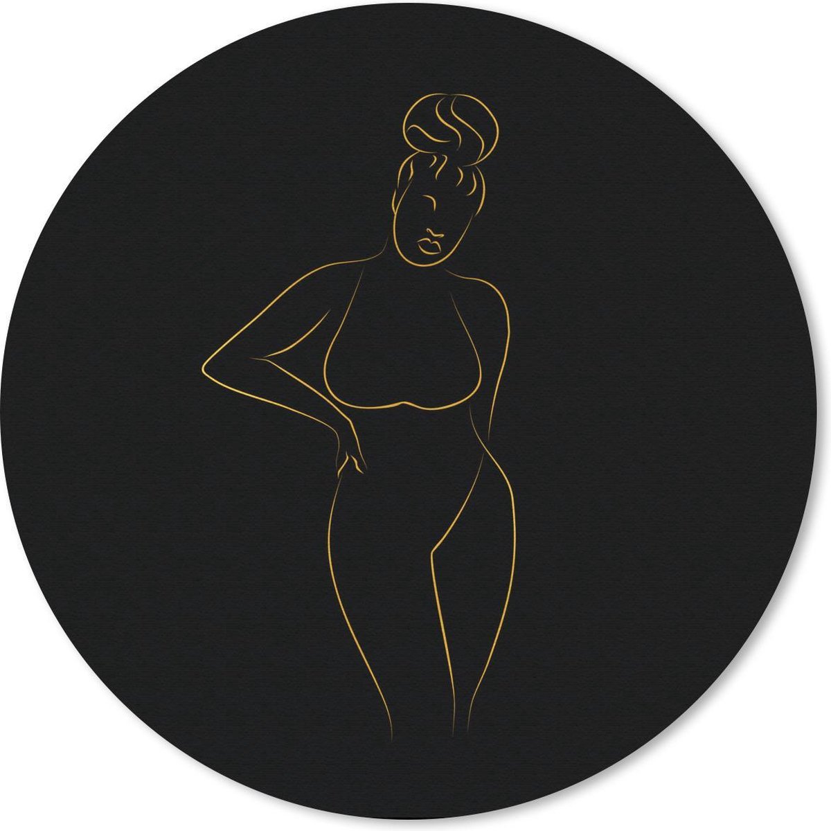 Muismat rond 30x30 cm - Mousepad Vrouw - Zwart - Goud - Line art - Ronde muismatten