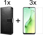 Oppo A12 hoesje bookcase met pasjeshouder zwart wallet portemonnee book case cover - 3x Oppo A12 screenprotector