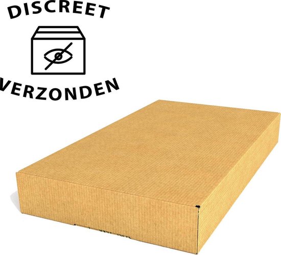 Bruine kartonnen doos met het opschrift 'DISCREET VERZONDEN'.