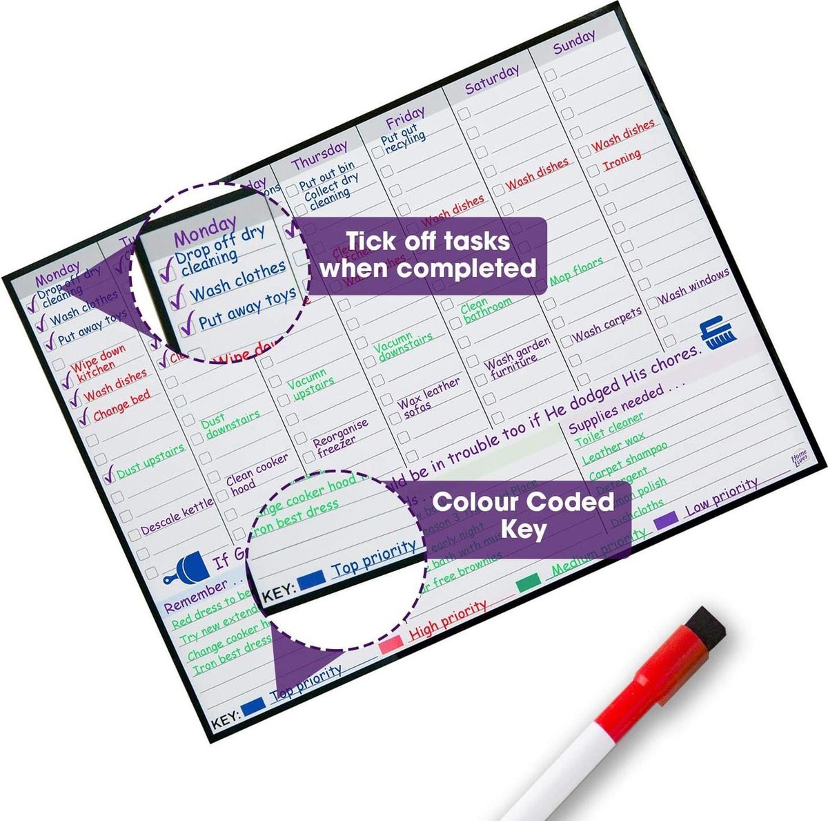 Planning Semaine magnetique,Tableau Semainier Frigo effaçable,2  planificateur mensuel,idéal pour Planification des Tâches,Menus,Organiseur  Hebdomadaire Repas 43×28cm - en Français