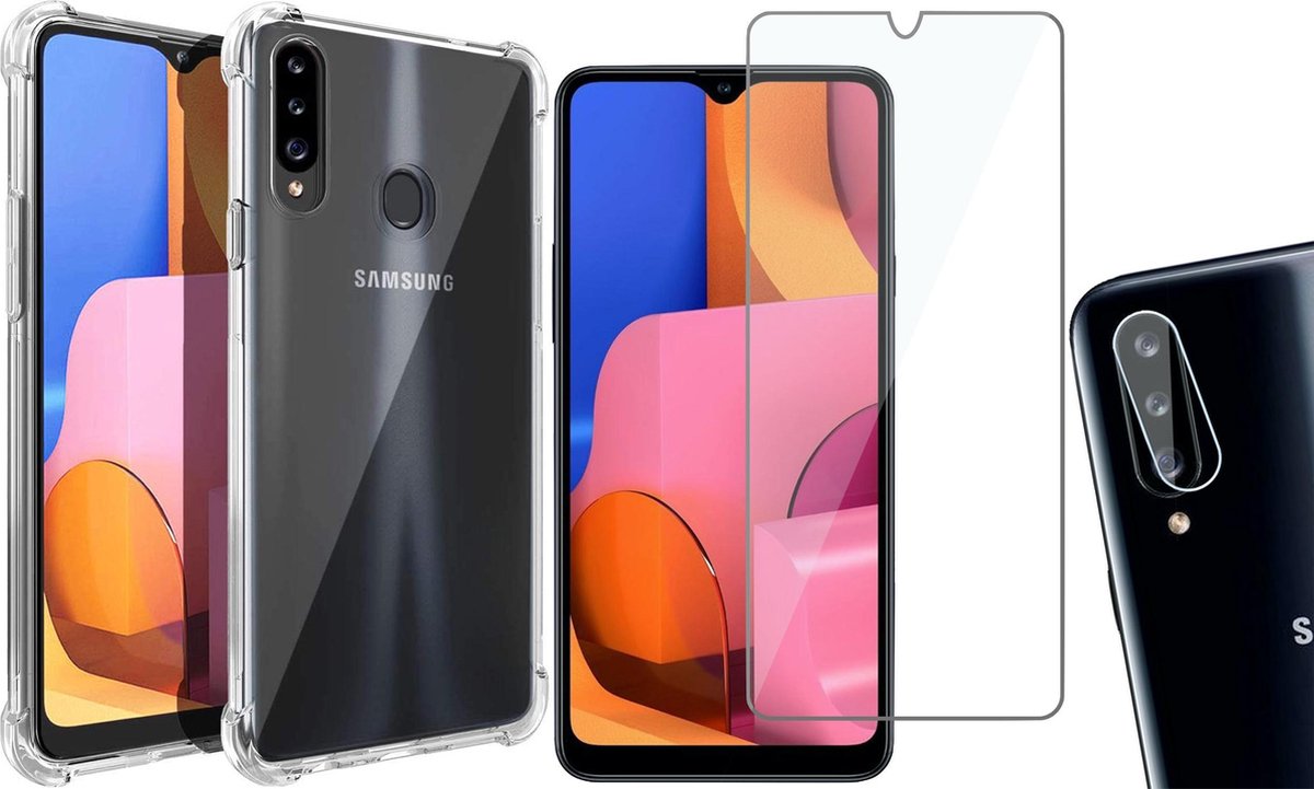 Hoesje geschikt voor Samsung Galaxy A20e - Screenprotector Glas & Camera Screen Protector - Transparant Shock Case