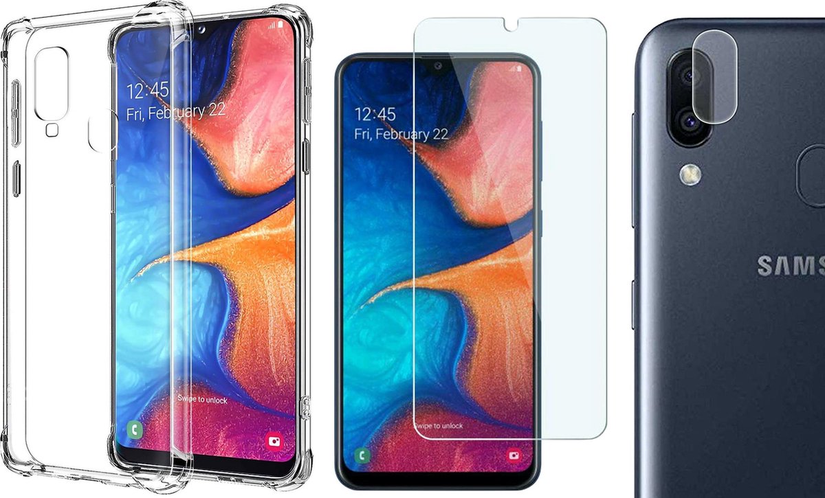 Hoesje geschikt voor Samsung Galaxy A20e - Screenprotector Glas & Camera Screen Protector - Transparant Shock Case