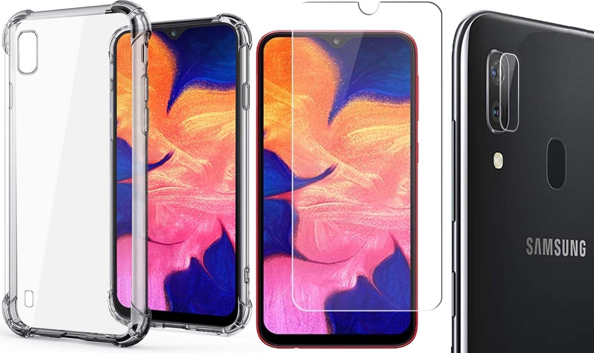 Hoesje geschikt voor Samsung Galaxy A10 - Screenprotector Glas & Camera Screen Protector - Transparant Shock Case