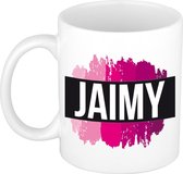 Jaimy naam cadeau mok / beker met roze verfstrepen - Cadeau collega/ moederdag/ verjaardag of als persoonlijke mok werknemers