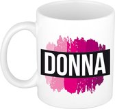 Donna naam cadeau mok / beker met roze verfstrepen - Cadeau collega/ moederdag/ verjaardag of als persoonlijke mok werknemers