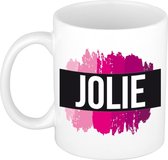 Jolie  naam cadeau mok / beker met roze verfstrepen - Cadeau collega/ moederdag/ verjaardag of als persoonlijke mok werknemers