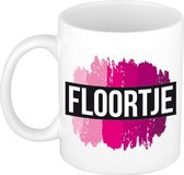 Floortje  naam cadeau mok / beker met roze verfstrepen - Cadeau collega/ moederdag/ verjaardag of als persoonlijke mok werknemers