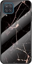 Samsung Galaxy A12 Backcover - Zwart / Goud - Marmer - Gehard Glas