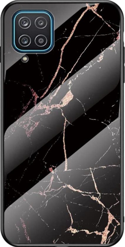 Samsung Galaxy A12 Backcover - Zwart / Goud - Marmer - Gehard Glas