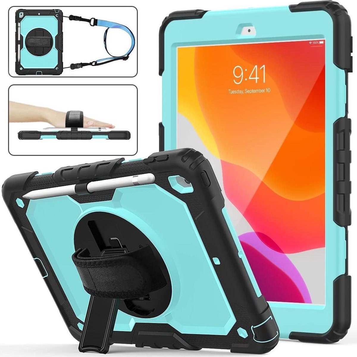 Dasaja case / hoes geschikt voor iPad 10.2 (2019 & 2020 & 2021) met screenprotector, handriem en schouderriem voor Horeca en Bouw Lichtblauw