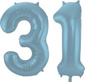 De Ballonnenkoning - Folieballon Cijfer 31 Blauw Pastel Metallic Mat - 86 cm