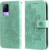 Voor vivo V21e 7-bloemblaadje Bloemen Embossing Patroon Horizontale Flip PU Lederen Case met Houder & Kaartsleuven & Portemonnee & Fotolijst (Groen)