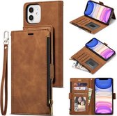 Side Zipper Back Card Horizontale Flip PU lederen tas met kaartsleuven & portemonnee & fotolijst & Lanyard voor iPhone 12/12 Pro (bruin)