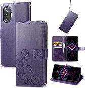 Voor Geschikt voor Xiaomi Redmi K40 Gaming/Poco F3 GT Vier-blad sluiting Reliëf gesp Mobiele telefoon Bescherming Lederen Case met Lanyard & Card Slot & Portemonnee & Beugel Functi