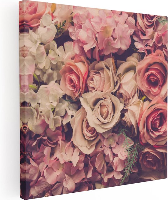 Artaza Canvas Schilderij Roze Rozen Achtergrond - Retro - Bloemen - 30x30 - Klein - Foto Op Canvas - Canvas Print