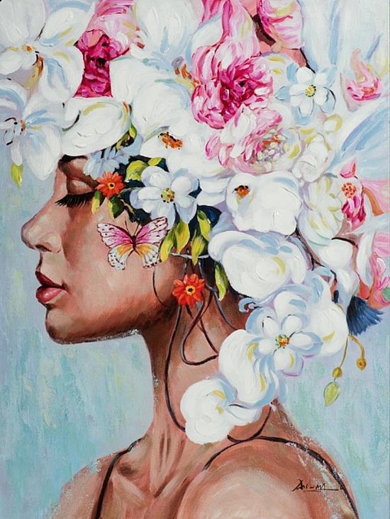 Allernieuwste Canvas Schilderij Kleurrijke Vrouw met Bloemen en Vlinder - Modern - Kleur - 60 x 80 cm