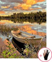 Schilderen Op Nummer Volwassenen Bootje Aan Het Meer Bos Rivier Landschap - Natuur – 40x50 cm - Inclusief Tekenhandschoen - Paint By Number Volwassenen