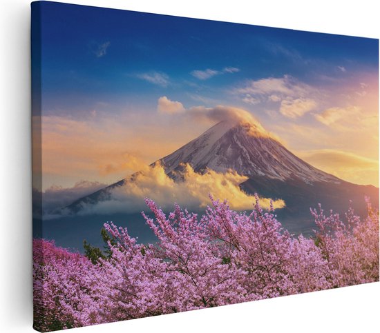 Artaza Canvas Schilderij Fuji Berg Met Roze Bloesembomen - Bloemen - 120x80 - Groot - Foto Op Canvas - Wanddecoratie Woonkamer