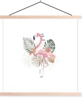 Posterhanger incl. Poster 60x60 cm - Schoolplaat - Flamingo - Bladeren - Bloemen - Tekening - Textielposter - Blanke latten