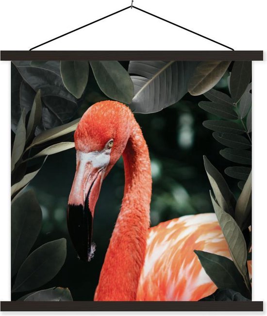 Posterhanger incl. Poster - Schoolplaat - Flamingo - Bladeren - Portret - 40x40 cm - Zwarte latten