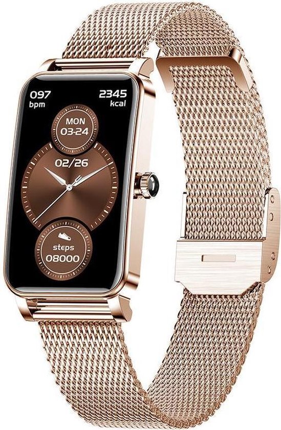 Valante Fem-Fit3 Smartwatch - Smartwatch Dames - Rosé goud staal - 41 mm - Stappenteller - Hartslagmeter - Bloeddrukmeter - Saturatiemeter