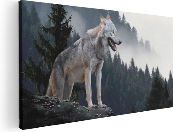 Artaza Canvas Schilderij Grijze Wolf In De Bossen  - 100x50 - Groot - Foto Op Canvas - Canvas Print