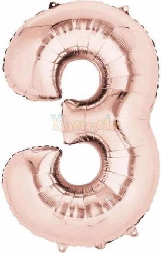 3 Jaar Folie Ballonnen Rosé Goud - Happy Birthday - Foil Balloon - Versiering - Verjaardag - Jongen / Meisje - Feest - Inclusief Opblaas Stokje & Clip - XXL - 115 cm