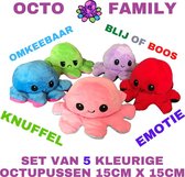 Octopus Family knuffel SET van 5 - 15cm x 15cm - Emotie - Omkeerbaar  - Blij/Boos  -  kleurig