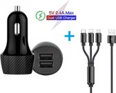 Auto Adapter voor 2 USB met Multi 3in1 USB-C iPhone Micro Oplaadkabel - Apple Multi 3in1 USB-C iPhone Micro - Samsung - Blackberry - Nokia - LG - Huawei - HTC