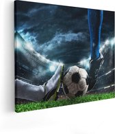 Artaza Canvas Schilderij Voetbal Sliding Op De Bal In Het Stadion - 50x40 - Foto Op Canvas - Canvas Print