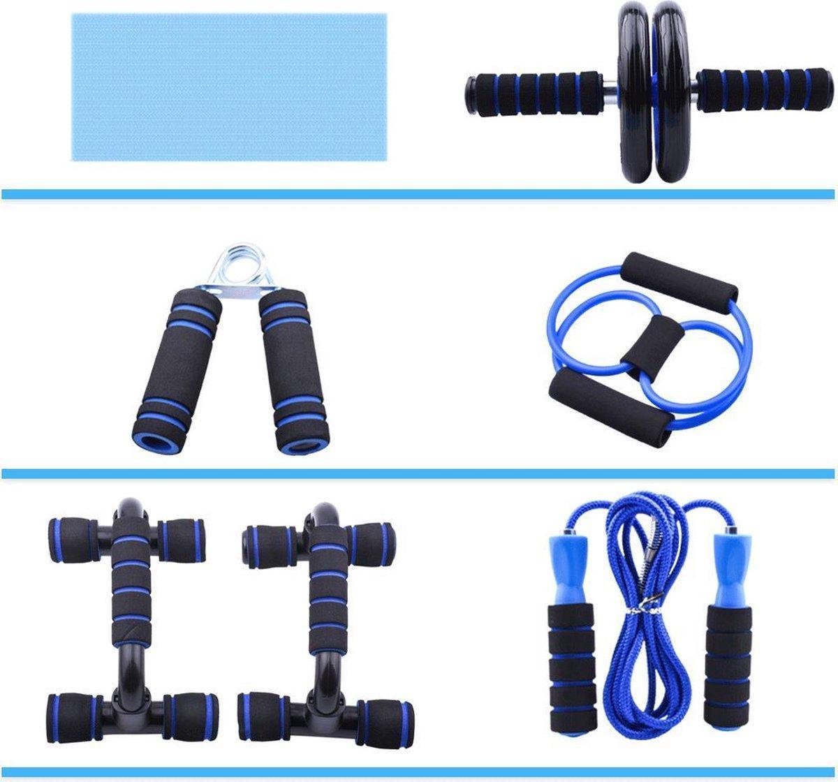 Doogo® | Fitness set 6-in-1 inclusief |Ab roller | Buikspiertrainer | Stretchband | Trainingswiel | Opdruksteunen | Push-up bars | Springtouw | Fitnessmat | Yogamat | Sportset | Thuis fitness