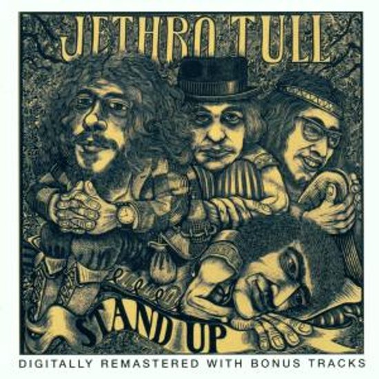 Jethro Tull Stand Up albumhoes met vier mannen in een tekenstijl, met de tekst "JETHRO TULL" en "STAND UP".