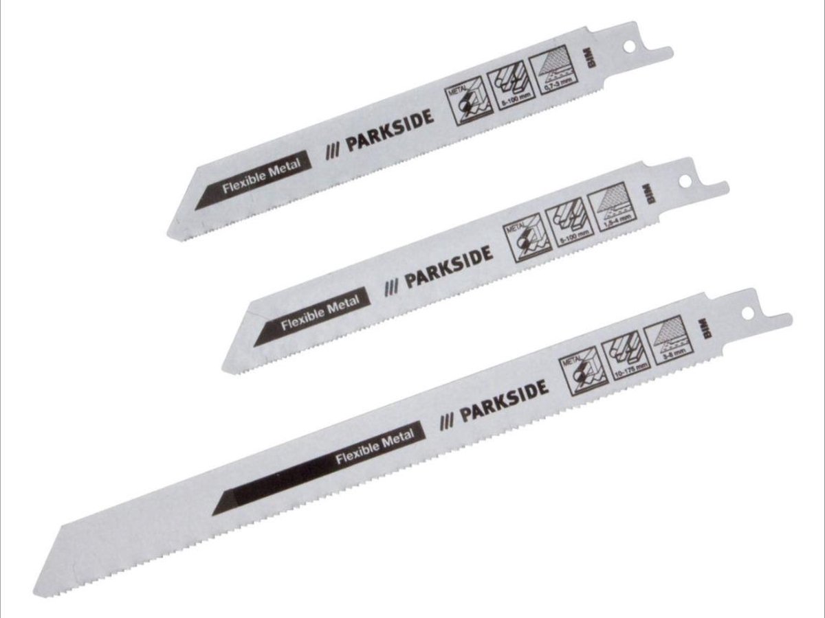 PARKSIDE® Reciprozaagbladen 3 stuks Grof metaal - geschikt voor platen, buizen en profielen 3 bimetalen zaagbladen – flexibel en breukvast - Voor gangbare reciprozagen met een universele schachtopening van 12,7 mm (½“) (geschikt voor bijv. Parkside,