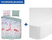 Luxe Zachte Dekbedovertrek Eenpersoons - 140x200/220cm - Inclusief 1 Kussensloop - 100% Versterkt Katoen - Pinky Roze Flamingo + Zachte Katoenen Hoeslaken - 90x200cm - Wit