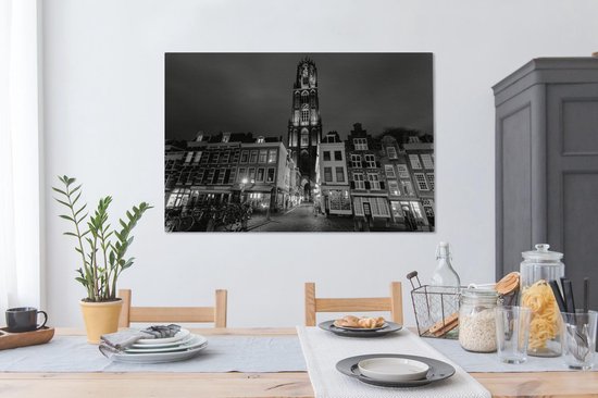 Tableau sur toile La Tour Dom à Utrecht la nuit - noir et blanc - 120x80 cm - Décoration murale